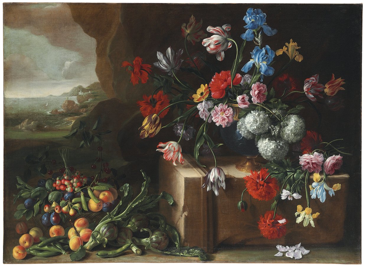 Krysantemum, tulpaner, iris och andra blommor och frukter i ett landskap av Giovanni Stanchi