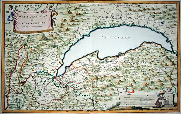 Genèvesjön, från en stadsbok i två volymer om Savojen och Piemonte, graverad av Joannes de Broen (1649-c.1730) av Giovanni Tommaso (after) Borgionio