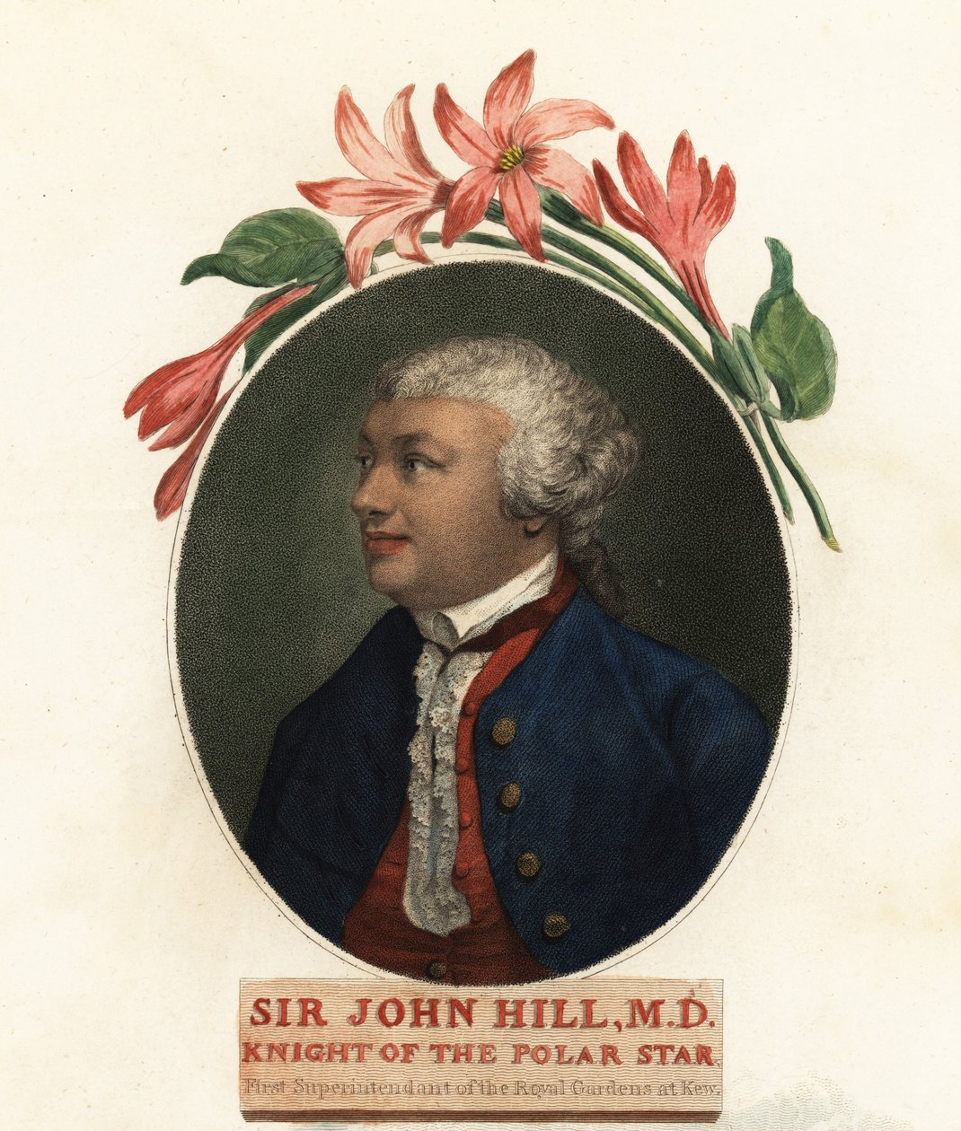Porträtt av Sir John Hill, naturforskare och botaniker. 1800 (gravyr) av Giovanni Vendramini
