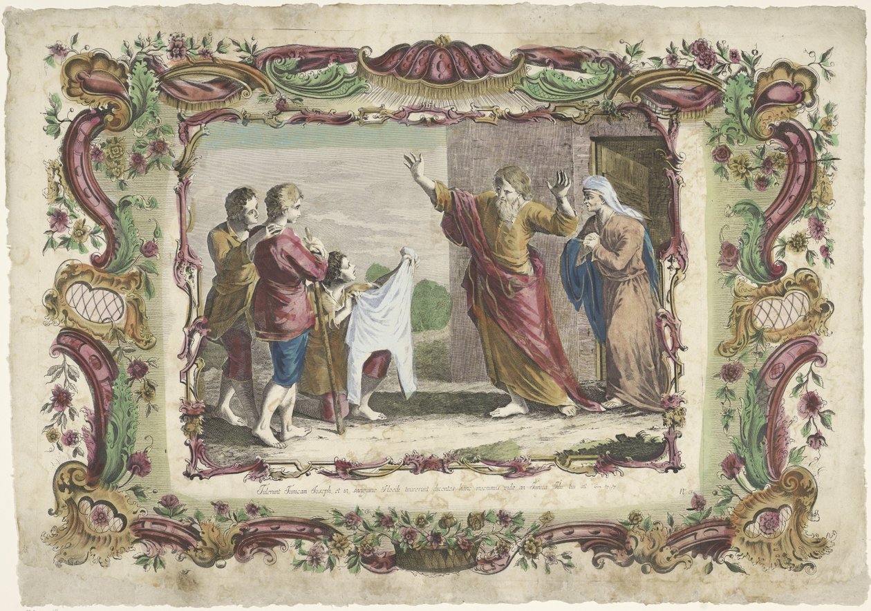 Josefs blodfläckade mantel visad för Jakob The Life of Joseph (serietitel) av Giovanni Volpato
