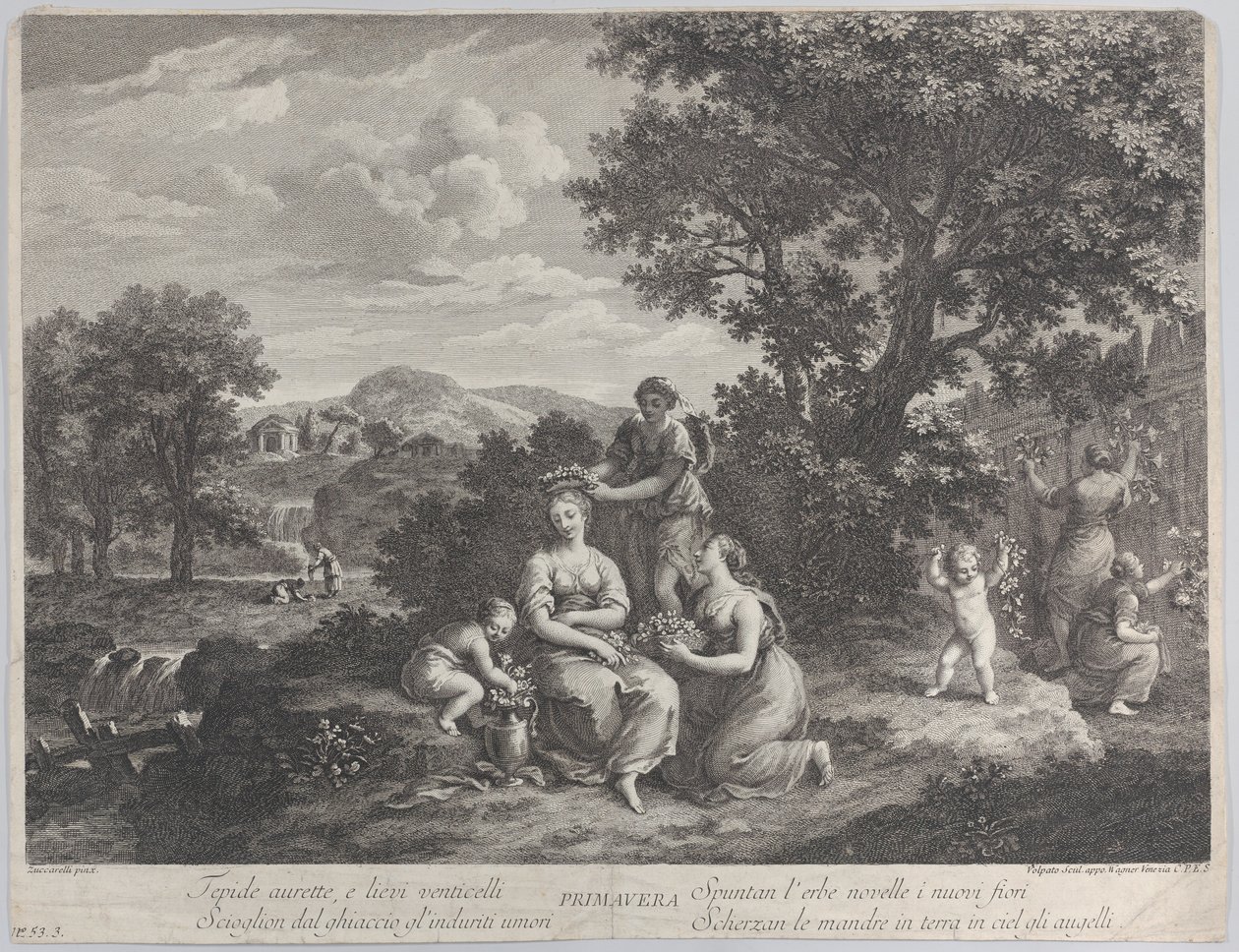 Primavera, en grupp kvinnor som samlar in blommor och gör kronor av dem, ca. 1764. av Giovanni Volpato