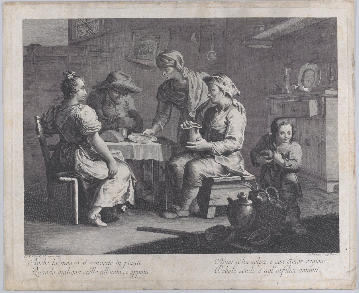 Tre personer satt runt ett bord till vänster när en man kommer med en tom tallrik..., 1760-70. av Giovanni Volpato
