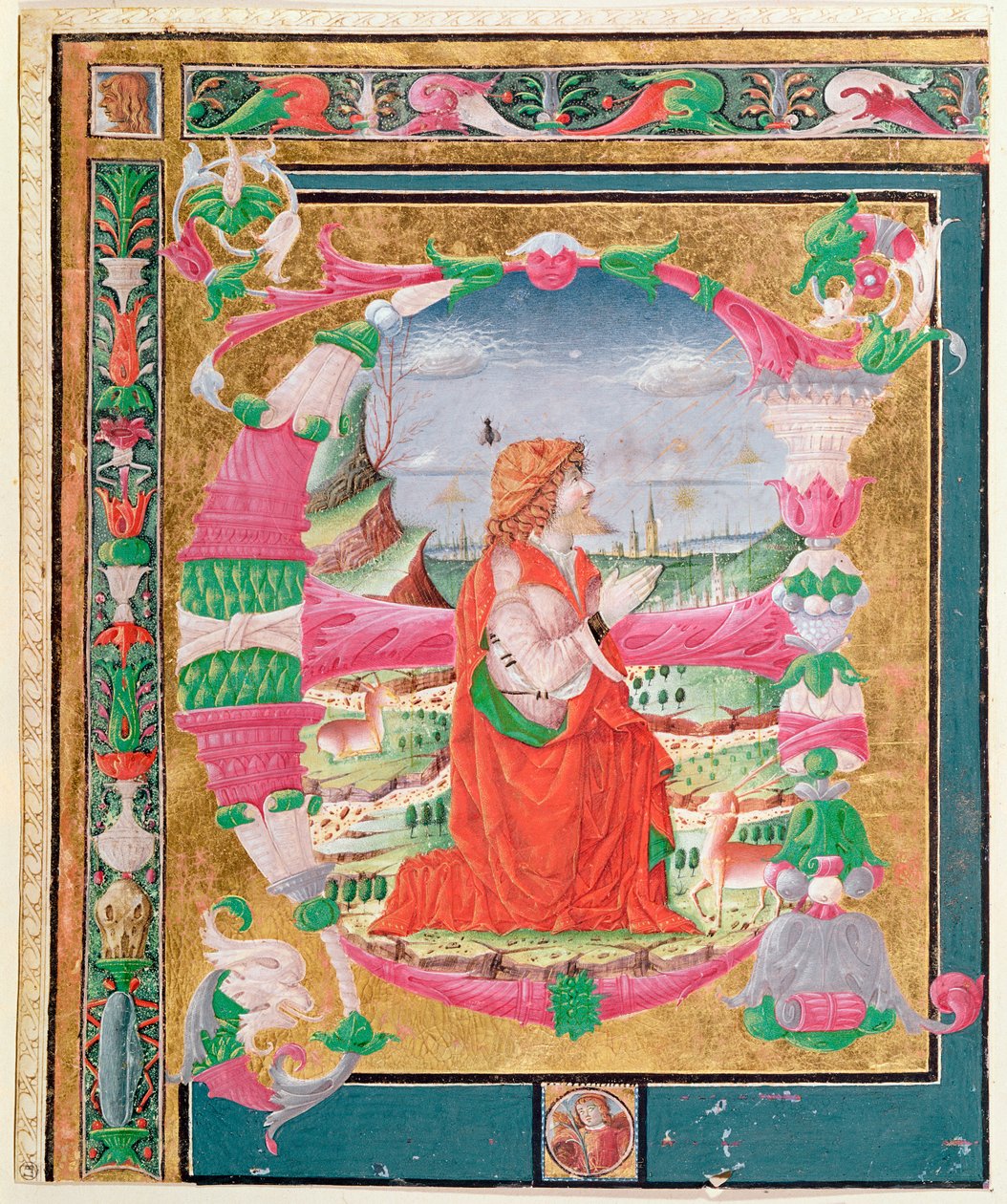 Den historiska initialbokstaven E med en knästående figur av kung David, 1482-83 (wc på papper) av Giovanni and Cicognara, Antonio Gadio
