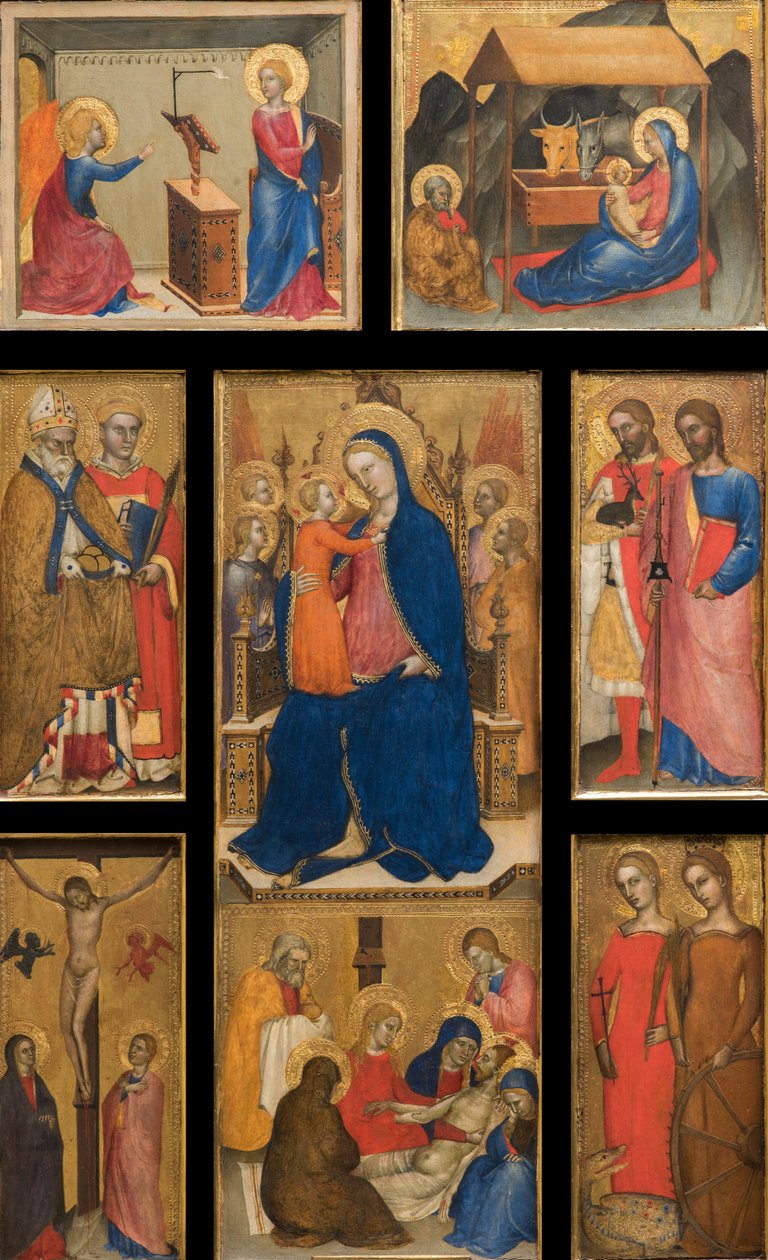 Italienska:  Polittico con Madonna con Bambino Madonna och barn med helgon av Giovanni da Milano