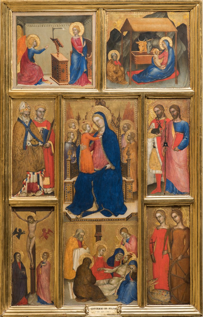 Italienska:  Polittico con Madonna con Bambino Madonna och barn med helgon av Giovanni da Milano