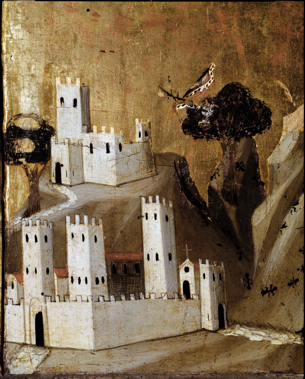 Rinuccini altartavla: Jungfru och barn med heliga - Detalj av predellen föreställande en stad - tempera på panel av Giovanni da Milano