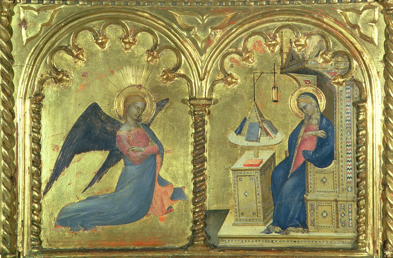 Bebådelsen, detalj från en polytyk föreställande The Lives of the Saints, från Salone del II Piano, 1353-63 av Giovanni da Milano
