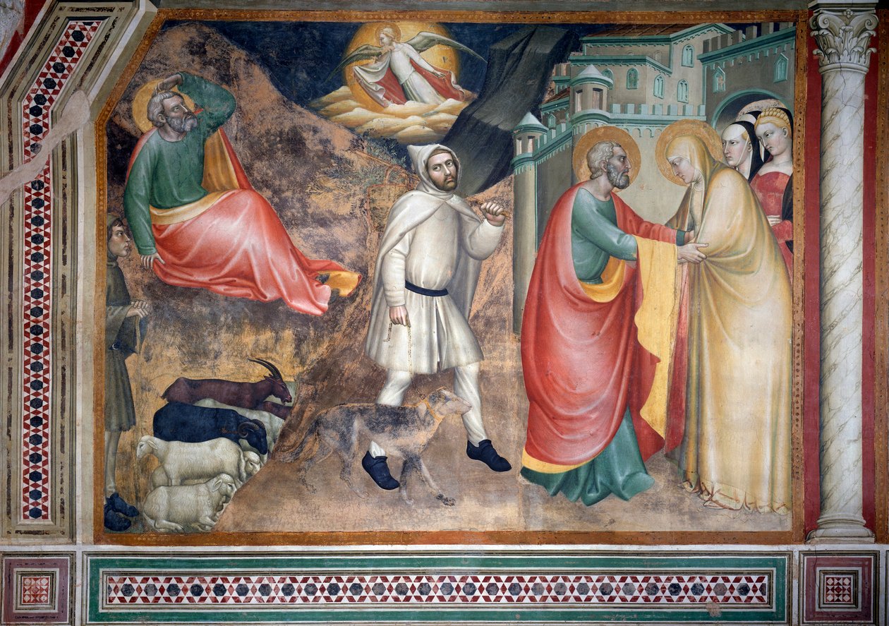Jungfruns liv: tillkännagivandet för Joachim och mötet med den heliga Anne vid den gyllene porten (freskomålning) av Giovanni da Milano
