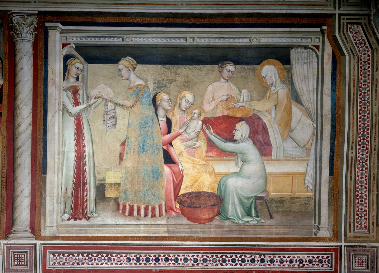 Jungfruns liv: Marias födelse (Fresco av Giovanni da Milano