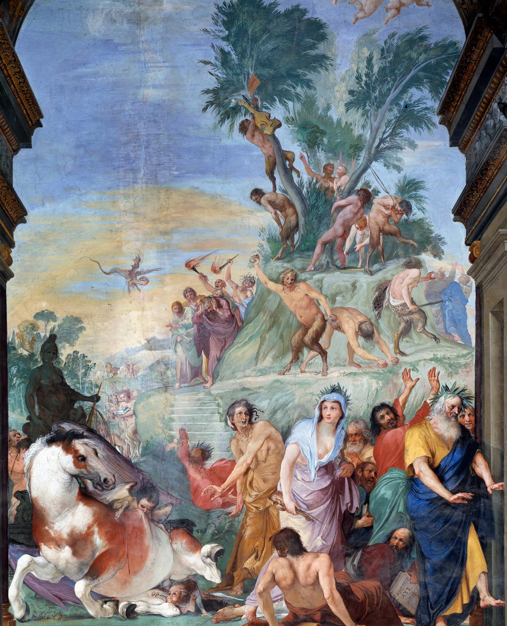 Muserna och poeterna jagar i Parnassos (muser och poeter fördrivna från Parnassos) Freskdetalj av Giovanni da San Giovanni (1592-1636) 1634-1642 Museo degli argenti, Palazzo Pitti, Florens av Giovanni da San Giovanni