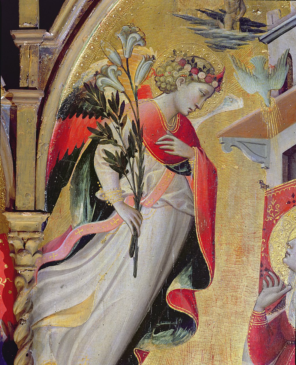 Ärkeängeln Gabriel, detalj från Bebådelsen med SS Lawrence, Benedict, Johannes Döparen och Nicholas, 1434 (tempera & bladguld på panel) av Giovanni dal Ponte