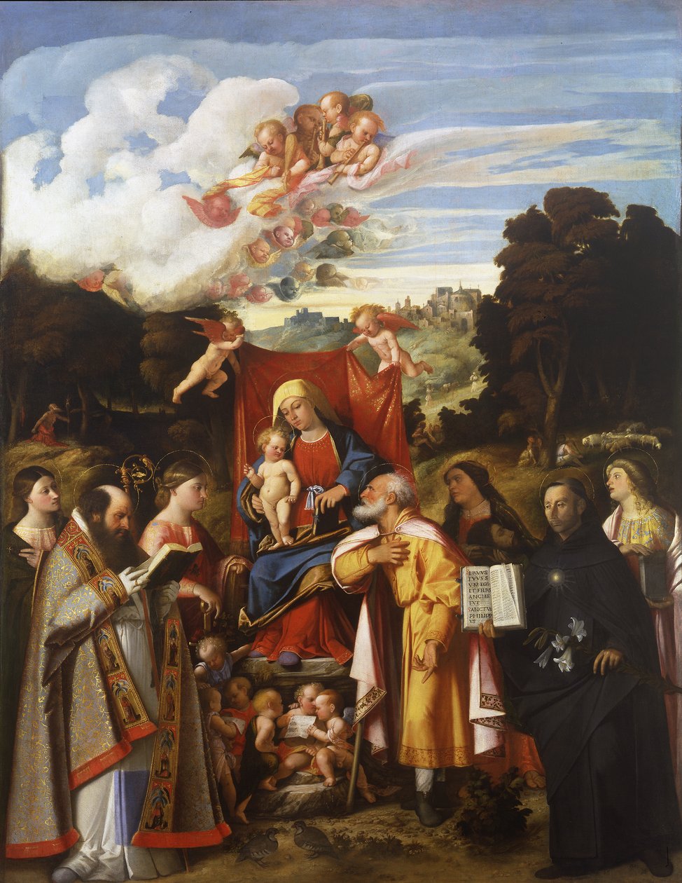 Madonna Enthroned with Angels, St. Apollonia, St. Augustine, St. Catherine, St. Joseph, St. Grata, St. Philip Benizzi och St. Barbara (St. Gotthard altartavla) av Giovanni de Busi Cariani