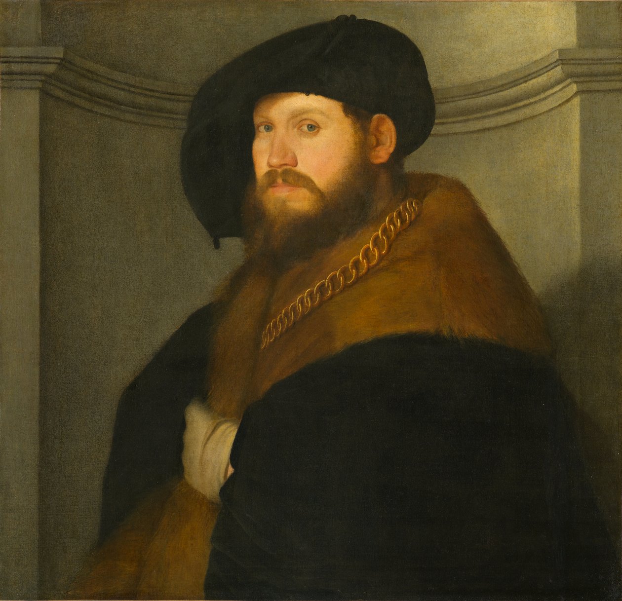 Porträtt av en gentleman som bär en guldkedja, cirka 1525-1530 (olja på duk) av Giovanni de Busi Cariani