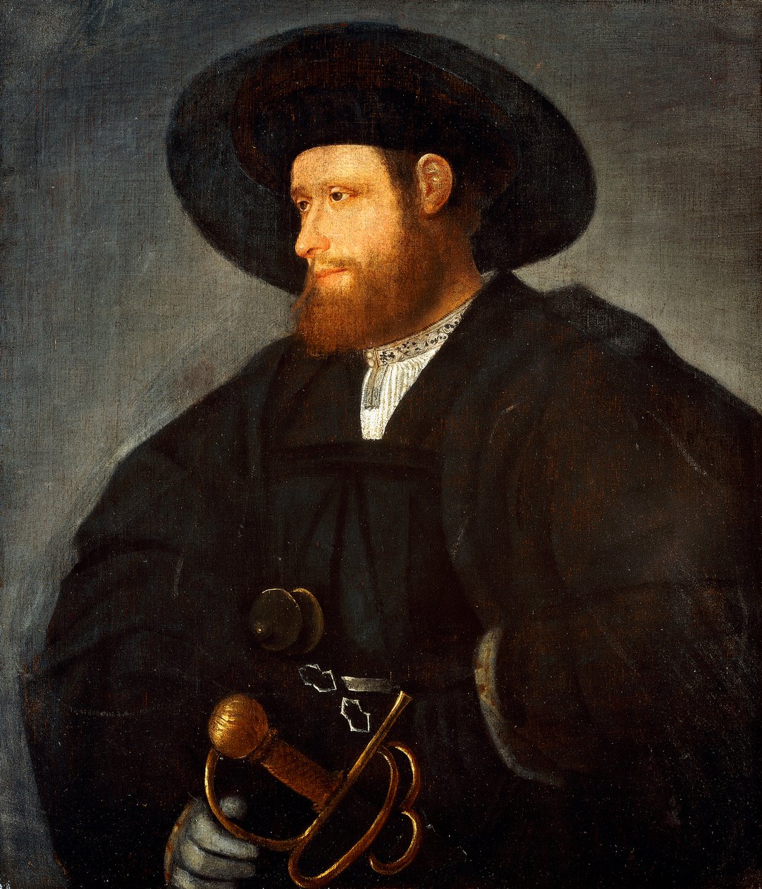 Porträtt av en gentleman, halvlångt, iklädd en svart kostym och en svart hatt, av Giovanni de Busi Cariani