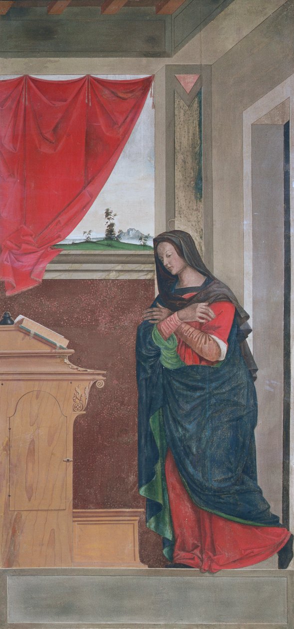 Virgin Annunciate, annunciationspanel som ursprungligen bildade en av de yttre luckorna på orgeln i San Bartolomeo, Vicenza (tempera på duk) (se 183650) av Giovanni de