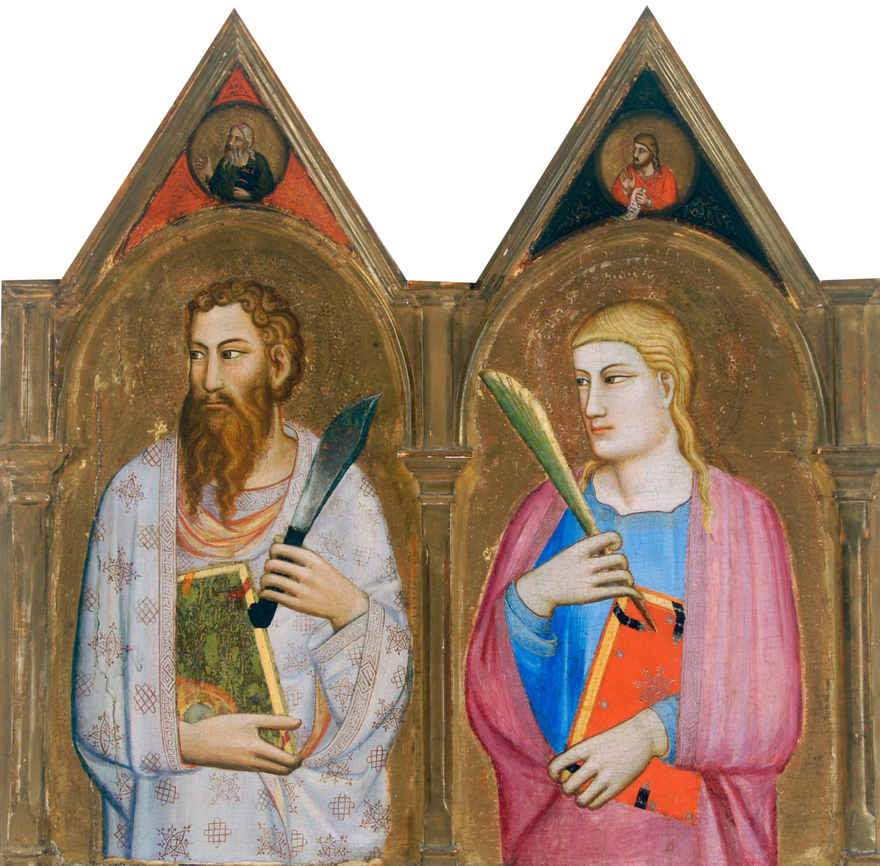 Saint Bartholomew och Saint John the Evangelist (höger panel av triptyk) (tempera och bladguld på panel) av Giovanni del (follower of) Biondo