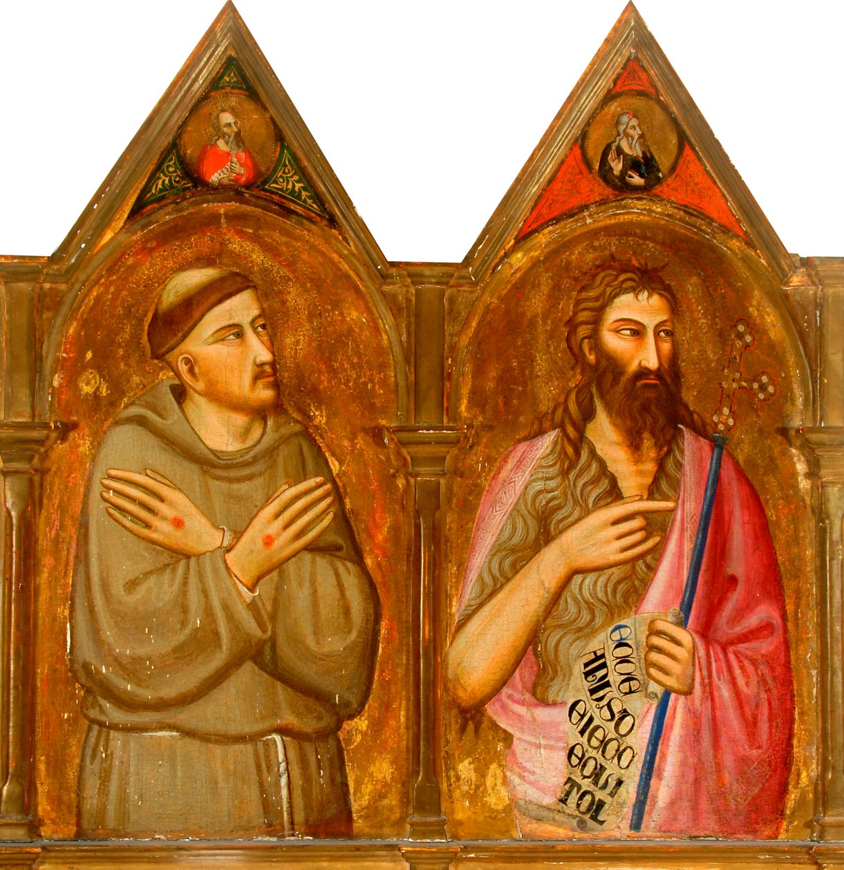 Saint Francis och Johannes Döparen (vänster panel av triptyk) (tempera och bladguld på panel) av Giovanni del (follower of) Biondo