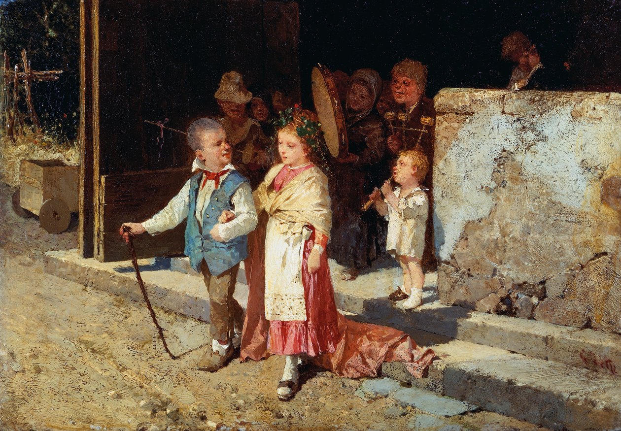 Ungt gift par, av Giovanni Del Re (1829-1919), olja på panel, 23x33 cm av Giovanni del Re