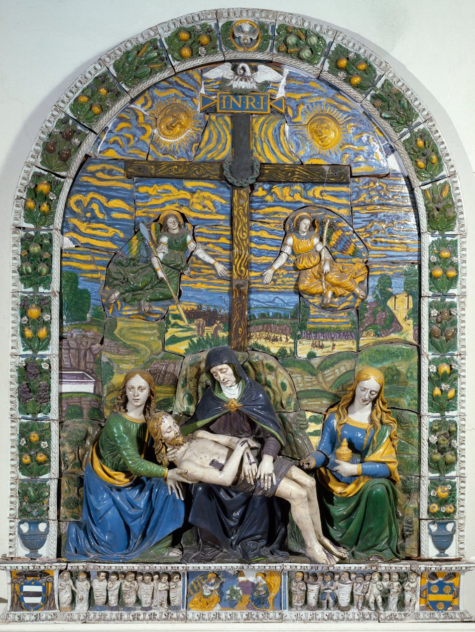 Depositionen (Pieta) Jesus Kristus och Jungfru Maria omgiven av Sankt Johannes och Sankta Maria Magdalena före korset med inskriptionen INRI (I.N.R.I.). Lågreliefkeramik av Giovanni della Robbia (1469-1529) Dim. 3x2,28 m Florens, Museo Nazionale av Giovanni della Robbia