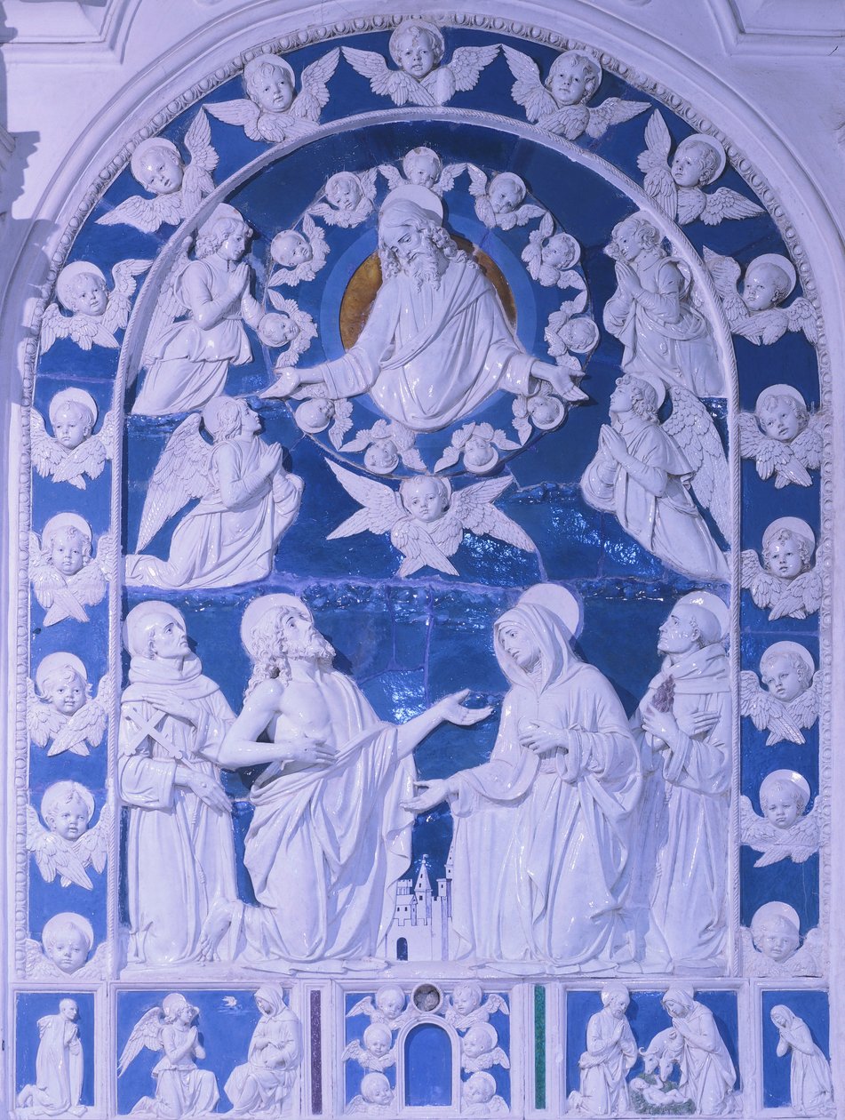 Madonnan mellan Saints Francis, Dominic och Bernard, av Giovanni della Robbia (1469-1529), Church of San Francesco i Foiano della Chiana, Toscana av Giovanni della Robbia
