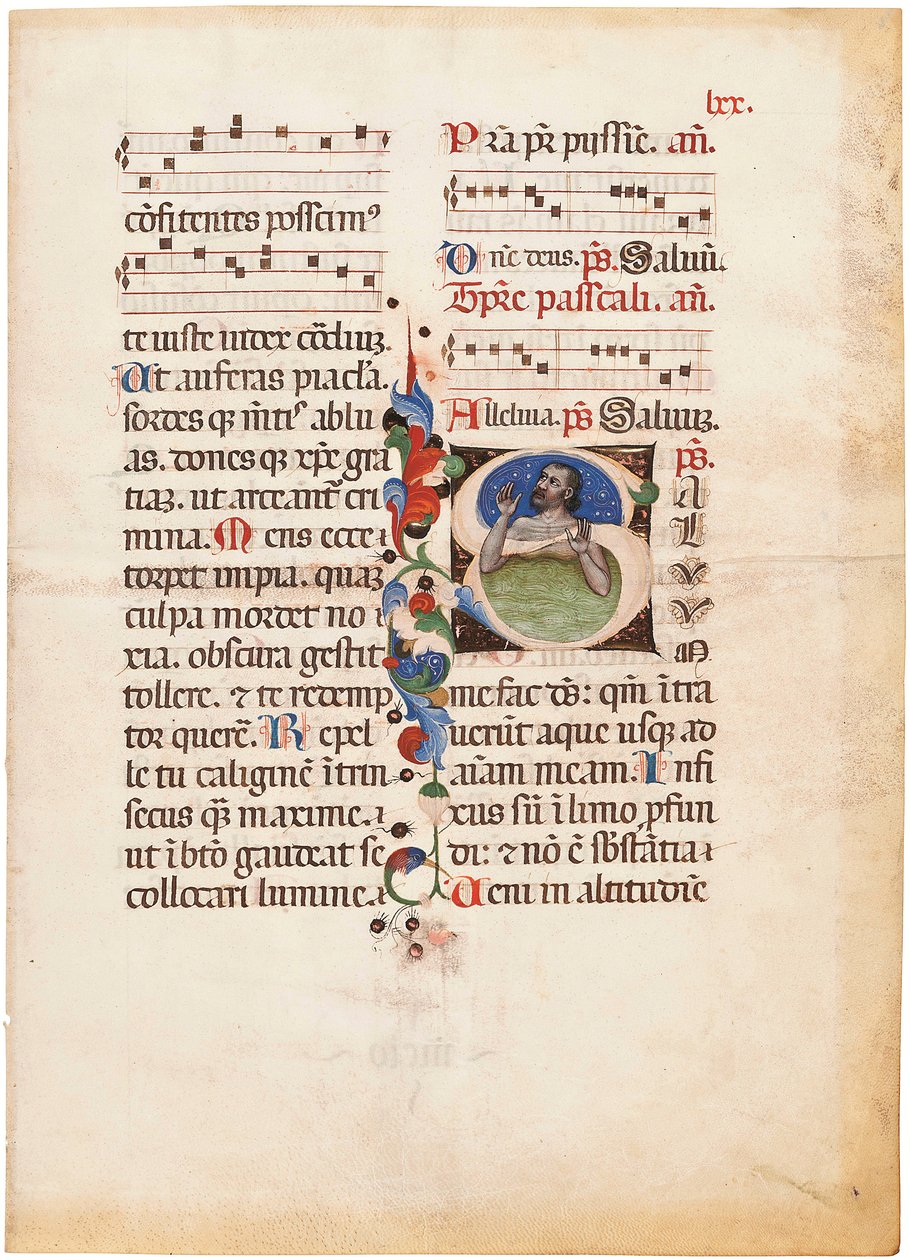 Psalmisten i havet, initialen "S" på ett blad från ett illuminerat noterat breviarium, Bologna eller Ferrara, ca 1440 (bläck och färg på pergament) av Giovanni di Antonio da Bologna
