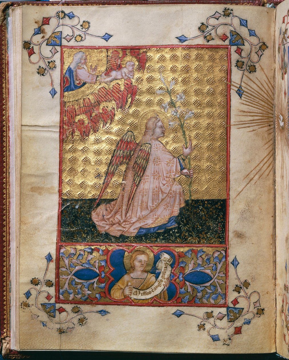 Italien, Annunciation: the Angel with a lily, miniatyr av Giovanni di Benedetto da Como, från Officium Beatae Mariae Virginis av Alberto de Porcelis av Giovanni di Benedetto da Como