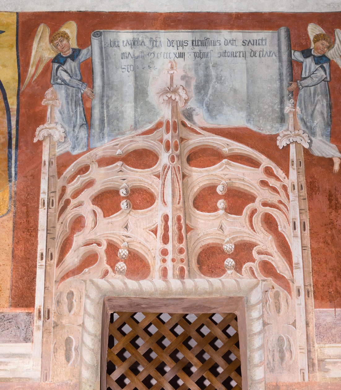 Botoneris dedikationsinskrift "Detta kapell i San Magno byggdes med hängivna allmosor som donerades av Giovanni di Cherasco Botoneri