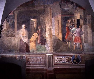 St. Benedictus lagar den trasiga silen, detalj från freskcykeln av St. Benedikts liv från Chiostro degli Aranci (apelsinklostret) c.1430-talet (fresk) av Giovanni di Consalvo (attr. to)