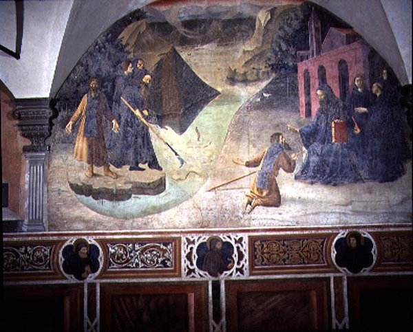 St. Benedict hämtar skogshuggaryxan från sjön, detalj från freskcykeln av St. Benedikts liv från Chiostro degli Aranci (apelsinernas kloster) ca 1430-talet (fresk) av Giovanni di Consalvo (attr. to)