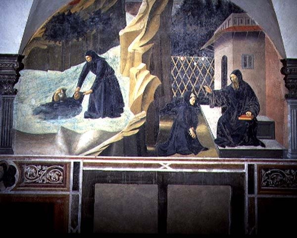St. Benedictus skickar Mauro för att rädda den drunknande Placidus från sjön, detalj från freskcykeln av St. Benedictus liv från Chiostro degli Aranci (Apelsinernas kloster) ca 1430-talet (fresk) av Giovanni di Consalvo (attr. to)