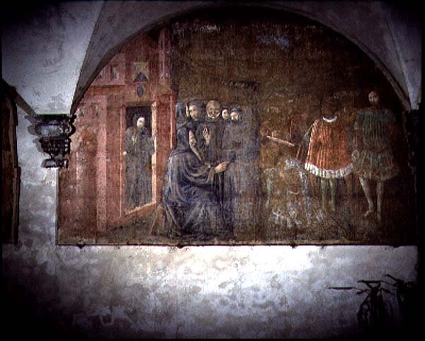 St. Benedikt och budbäraren från kung Totila, detalj från freskcykeln av St. Benedikts liv från Chiostro degli Aranci (apelsinklostret) c.1430-talet (fresk) av Giovanni di Consalvo (attr. to)
