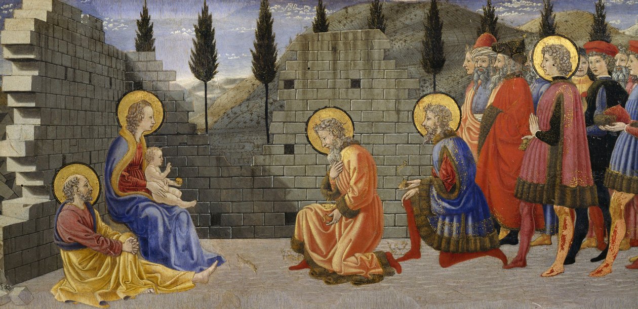 Tillbedjan av Magi, detalj av Nativity och tillbedjan av Magi, mellan 1457 och 1459, av Giovanni di Francesco (1412-1459), tempera på trä. av Giovanni di Francesco
