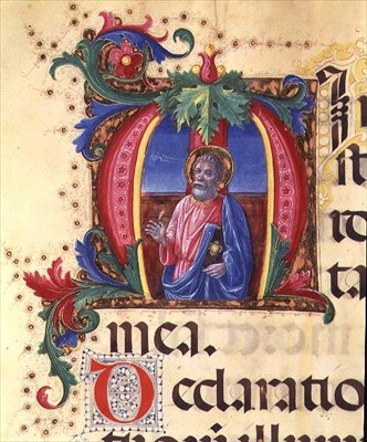 Ms 542 f.31r Historikert initial "H" som föreställer ett manligt helgon från en psalter skriven av Don Appiano från kyrkan Badia Fiorentina, Florens av Giovanni di Guiliano Boccardi