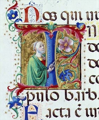 Ms 542 f.44v Historikert initial "I" som föreställer ett manligt helgon från en psalter skriven av Don Appiano från kyrkan Badia Fiorentina, Florens av Giovanni di Guiliano Boccardi