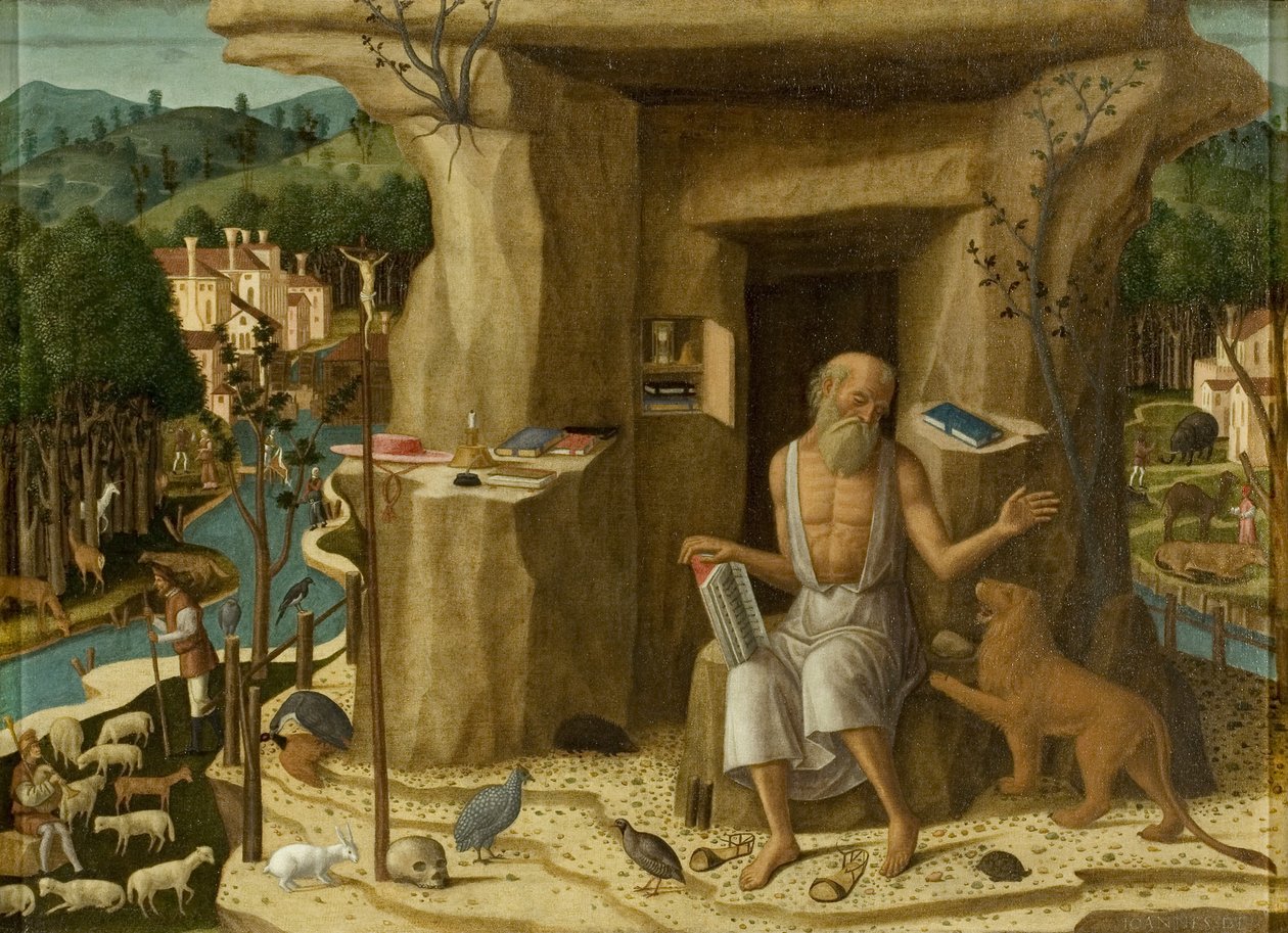 Saint Hieronymus i ett landskap (olja på duk) av Giovanni di Niccolo Mansueti