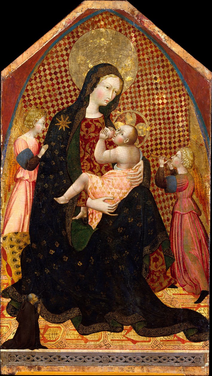 Madonna och barn med två änglar och en donator, ca. 1445. av Giovanni di Paolo