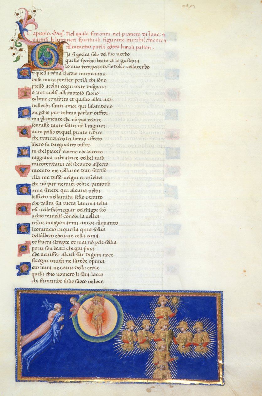 Paradiso, Canto XVIII. Miniatyr visar Dante och Beatrice som svävar framför halvfiguren av Cacciaguida, som befinner sig i periferin av Mars himmel, som har Mars bevingade figur i mitten. Dante visas de åtta heliga krigarna som dyker upp i av Giovanni di Paolo
