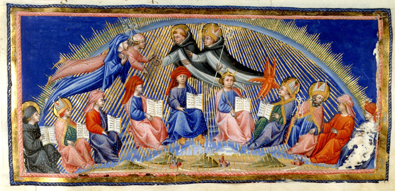 Paradiso, Canto X. Beatrice och Dante svävar bredvid solens himmel möter de som är framstående för sin visdom. De hälsas av St. Thomas Aquinas med Albertus Magnus. Nedanför sitter tio representanter för visdom; Bede, S:t Ambrosius, Isidore av Sev av Giovanni di Paolo
