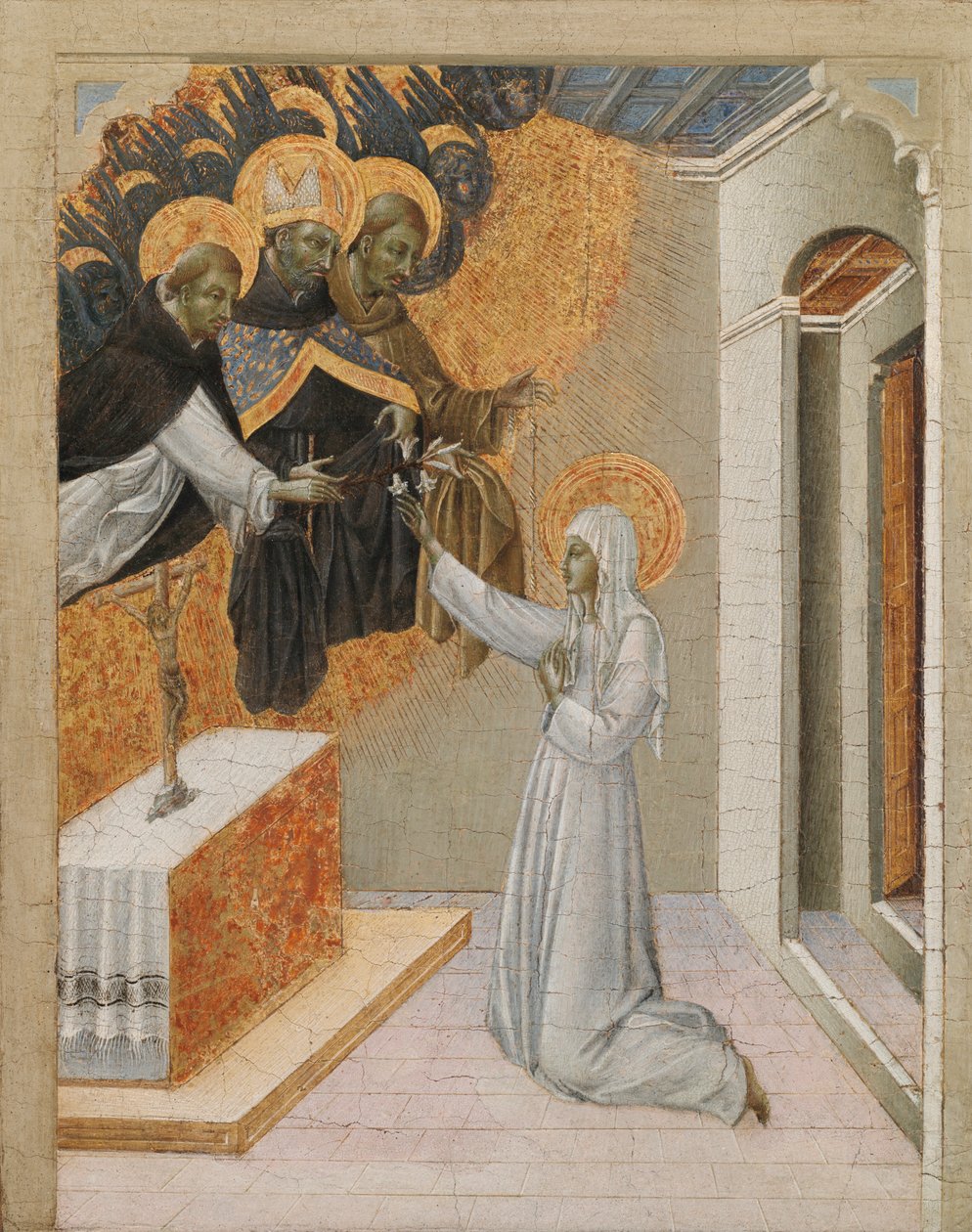 Predella Panel från en altartavla: St. Catherine of Siena Invested with the Dominican Habit, 1460-talet. av Giovanni di Paolo