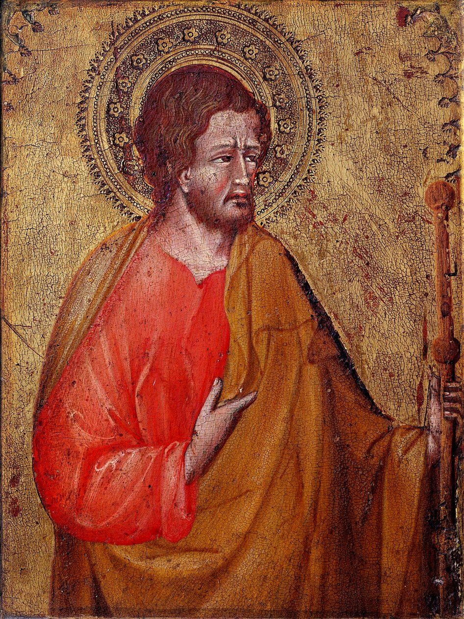Representation av den helige Jakob Pelerin Detta är den helige Jakob majoren eller den helige Jakob, son till Zebedeus. Målning av Giovanni di Paolo (1395 / 1400-1482) 1400-talets Assisi, Museum of the Treasury of the Basilica of San Francesco och Perkins  av Giovanni di Paolo