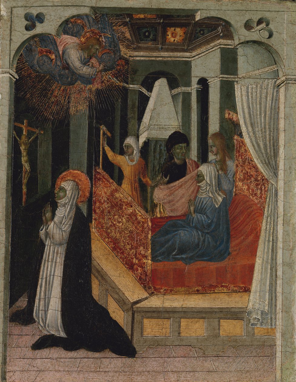 Saint Catherine of Siena bönfaller Kristus att återuppliva sin mor, ca. 1447-65. av Giovanni di Paolo
