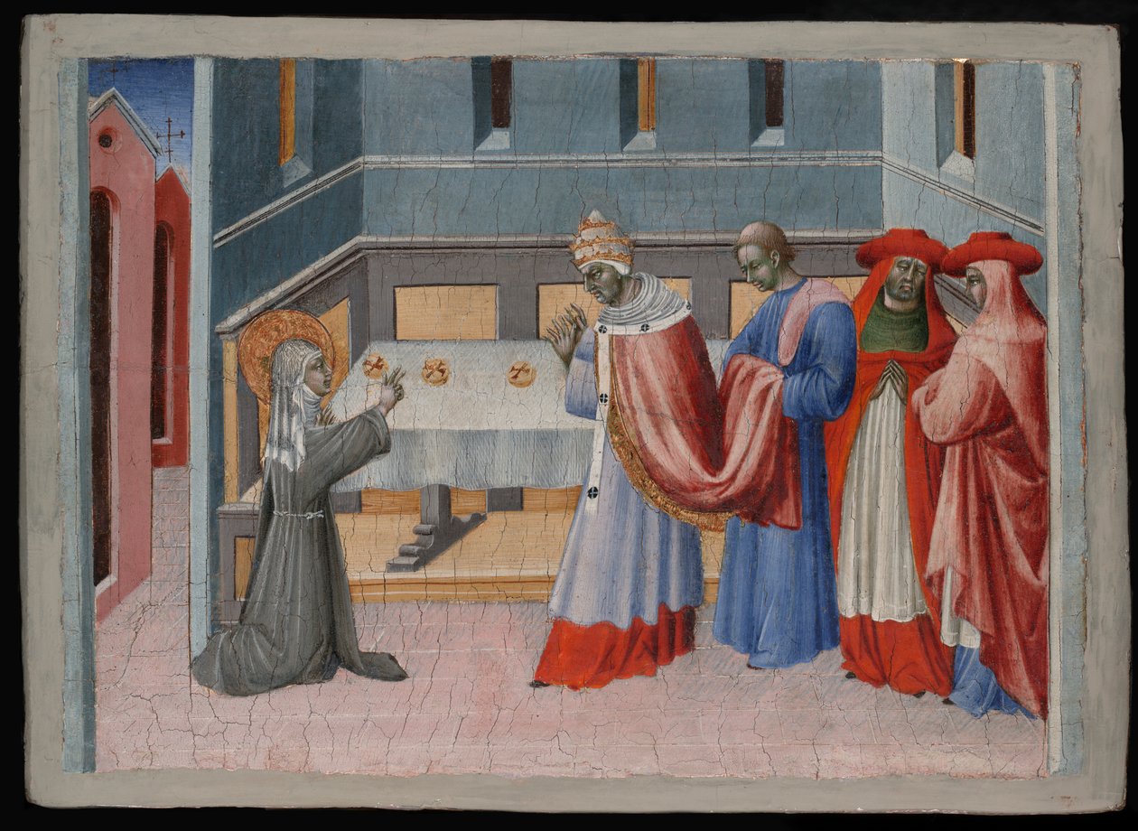 Sankta Klara av Assisi välsignar brödet inför påven Innocentius IV av Giovanni di Paolo