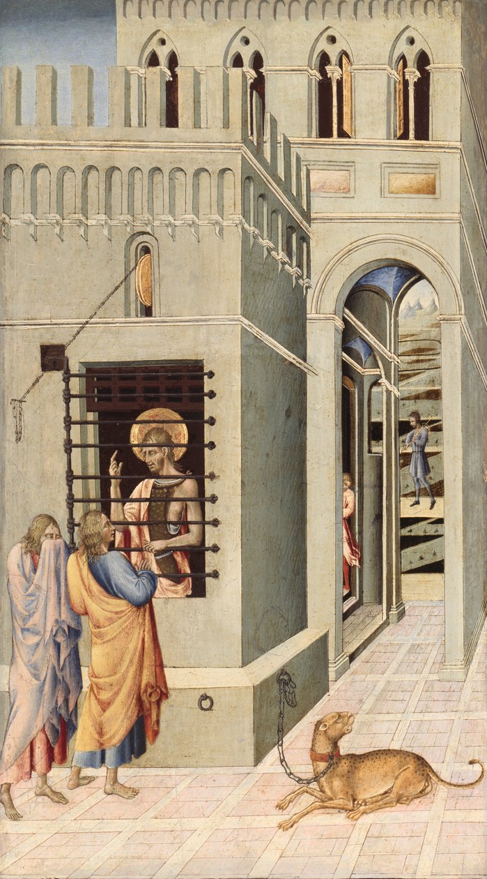Johannes Döparen i fängelse besöks av två lärjungar av Giovanni di Paolo