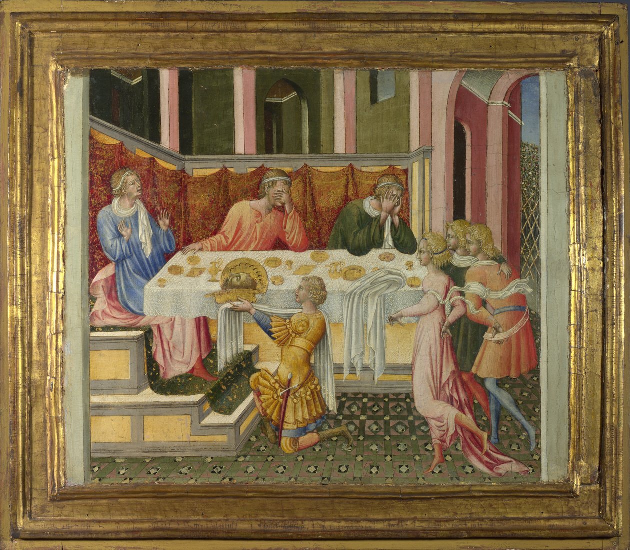Johannes döparens huvud fördes till Herodes Predella Panel, 1454 av Giovanni di Paolo