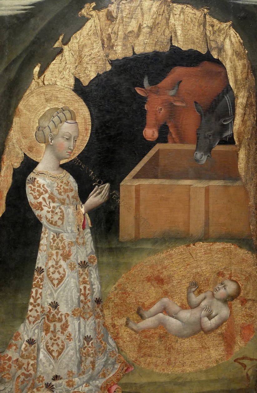La Nativity, Saint Victtorino, Saint Ansano, central detalj (målning på trä) av Giovanni di Paolo di Grazia