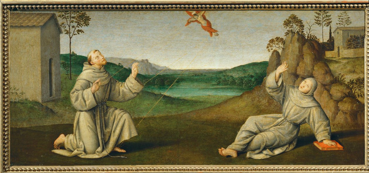 Sankt Franciskus av Assisi får stigmata ... av Giovanni di Pietro (c.1450 1529) (studio of)