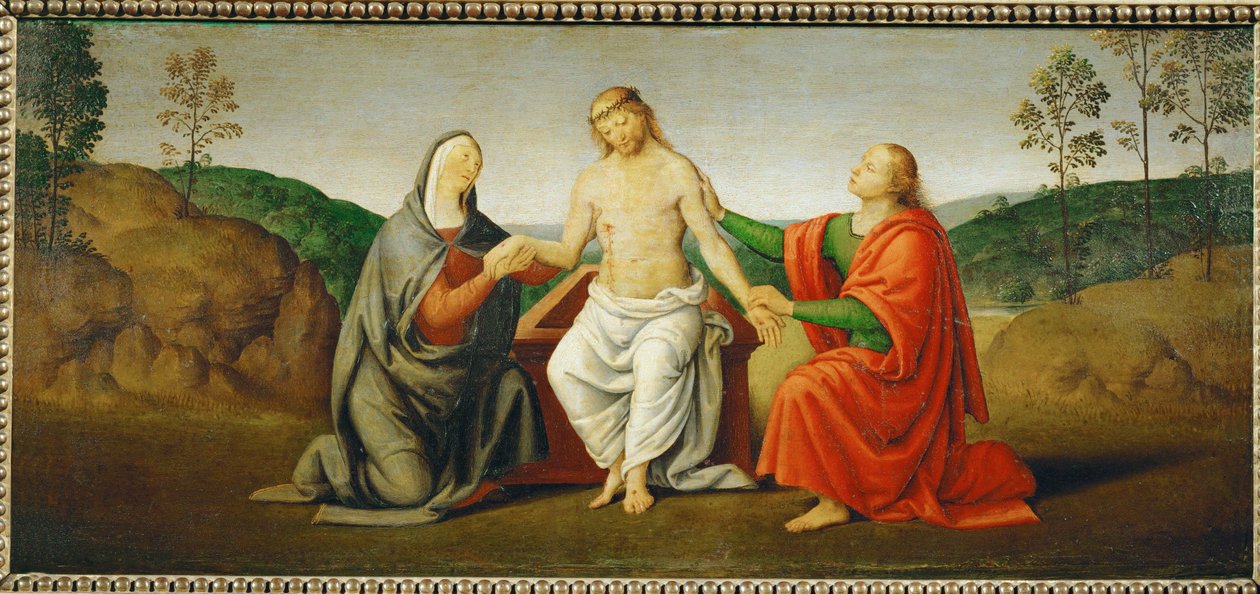 Den döde Kristus med stöd av jungfru Maria och aposteln Johannes ... av Giovanni di Pietro (c.1450 1529) (studio of)