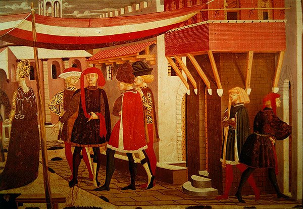 Frontal från Adimari Cassone, detalj av höger panel, c.1450 (tempera på panel) (detalj av 166335, se även 80304) av Giovanni di Ser Giovanni Scheggia