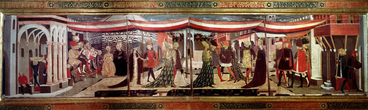 Bröllopsceremonin har renässanspanelen som dekorerar Cassone Adimari. Bröllopsscen på katedraltorget (Plaza de la Cathedrale Santa Maria del Fiore). Par i kortegen avancerar under ett tak. Målning av Giovanni av Ser Giovanni Scheggia (1406- av Giovanni di Ser Giovanni Scheggia
