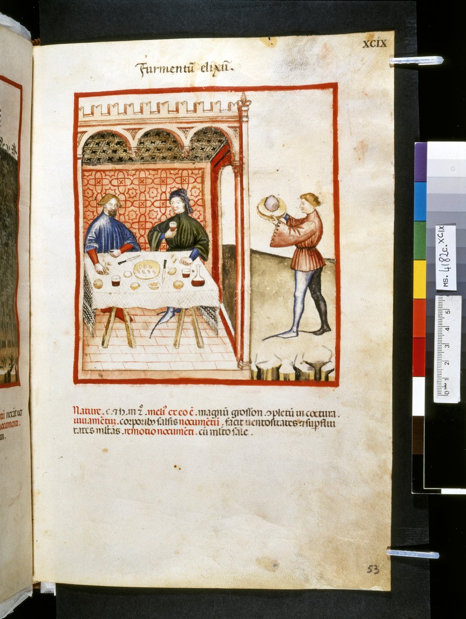 Theatrum sanitatis av Ububchasym de Baldach: "Furmentum Elixum", första decenniet av 1300-talet (miniatyr) av Giovannino de